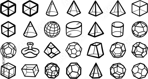 Black and White Line Art Geometric Shapes: Cubes, Cones, Spheres, Cylinders and Polyhedra