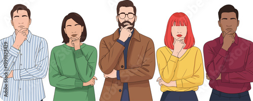 Diverse group of thoughtful people thinking and making decisions with hand on chin expression concept illustration