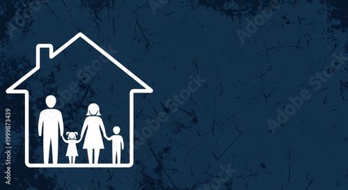 International Day of Families Conceptual graphic family protection and home security. Stick figures of parents and children in a house outline on a blue background, symbolizing shelter and well-being