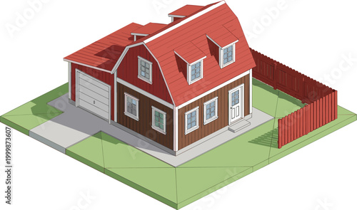 Isometric suburban house with red roof garage and fenced yard modern residential property architecture vector illustration for real estate concept