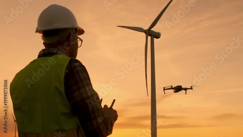 Professional male engineer in uniform and hard hat launches a drone using a controller while inspecting a wind turbine at the wind farm during beautiful sunset. Golden evening light, renewable energy