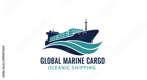 Global Marine Cargo Oceanic Shipping Logo with Container Ship and Waves.