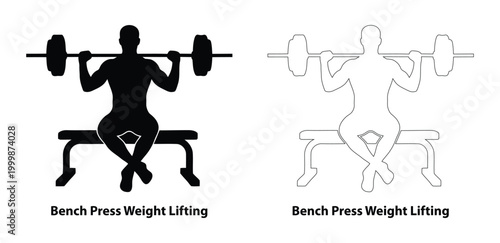 Man Black Silhouette and Outline Set Performing Seated Barbell Bench Press for Chest Strength and Weightlifting Training Illustration
