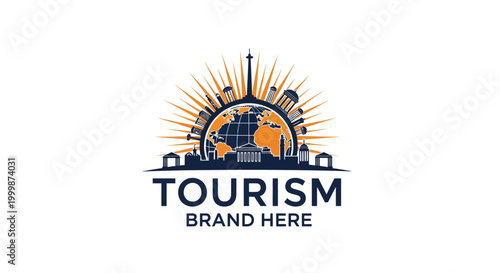 Global Tourism Brand Logo with Famous Landmarks and Earth.