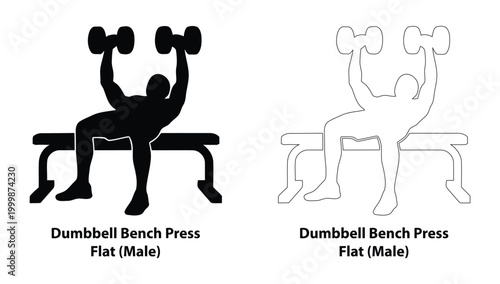 Male Black Silhouette and Outline Set Performing Flat Dumbbell Bench Press on Gym Bench for Chest Strength and Muscle Building Illustration