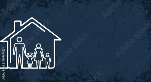 A simple line art illustration of a family silhouette within a house outline, symbolizing home and belonging