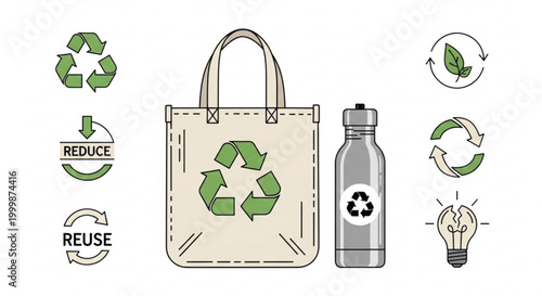 Eco friendly reusable bag and water bottle with recycling symbols and reduce reuse icons