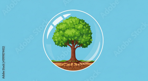 Tree in a protective glass globe on blue background symbolizing conservation and eco friendly environment
