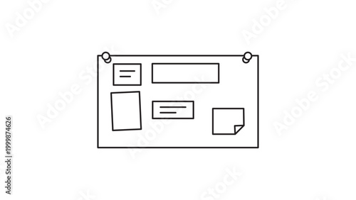 Minimalist Task Board Vector Icon Illustration: A clean black line drawing of a bulletin board with notes and pins on a white background, featuring an editable stroke for easy design adjustment.