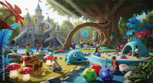 Whimsical fantasy playground vector illustration, magical outdoor park with castle slides and giant dice, children playing in a fairytale forest