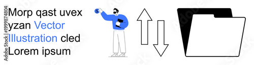 Data sharing, information exchange, digital storage, file management, cloud computing, teamwork. Person holding a file next to a folder icon and arrows. Data sharing and information exchange concept