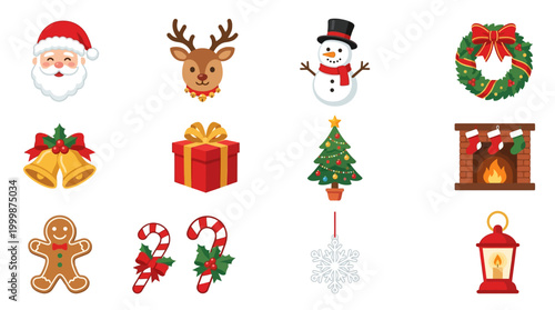 A vibrant digital collage of whimsical Christmas icons including Santa Claus, reindeer, snowman, gifts, tree, fireplace, gingerbread, candy canes, snowflake, and lantern in a festive, flat, 