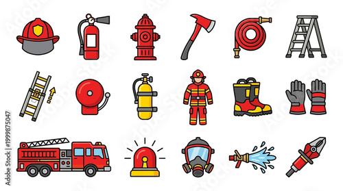 Collection of colorful flat firefighting icons including helmets, tools, vehicles, and equipment for emergency services in a cartoonish style.