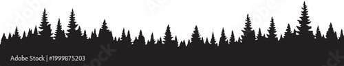 Black forest silhouette, pine tree landscape, vector border, nature scene, dark trees