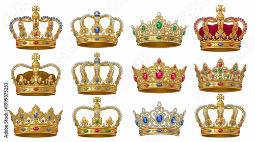 Collection of various ornate royal crowns with precious stones, gold and silver, medieval European style, decorative symbols of power and royalty, isolated on white background