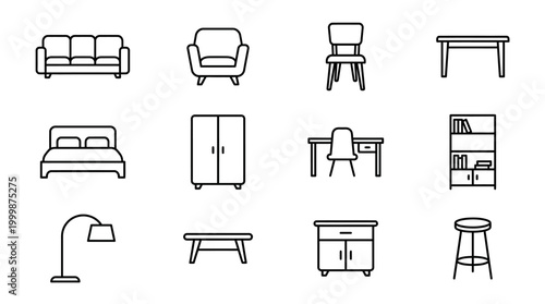 Minimalist line drawing set of various modern household furniture including sofa, armchair, bed, dresser, table, chair, lamp, bench, and barstool in simple black and white outline style for 