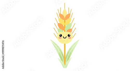 Delightful illustration of a cheerful grain flower, a cute and simple botanical bloom with a friendly smiling face, perfect for wholesome and natural designs