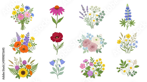 Vibrant Watercolor Floral Arrangements and Bouquets in Pastel Colors on White Background for Spring and Summer Decor, Greeting Cards, and Artistic Projects