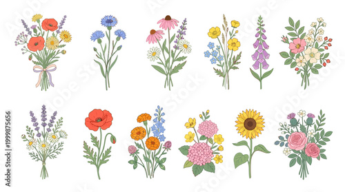 Vibrant watercolor floral bouquet set, colorful spring flowers, botanical art, decorative plants, artistic arrangements, hand-painted, beautiful blossoms, whimsical garden flowers
