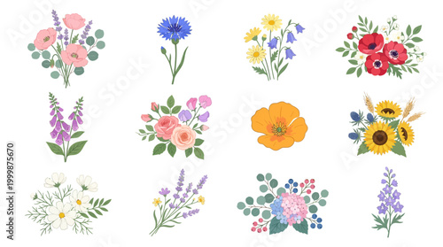 Watercolor floral bouquet set with pink roses, sunflowers, lilacs, and other colorful flowers on white background, artistic botanical illustration for greeting cards and decoration