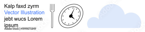 Meal planning, time scheduling, weather updates, conceptual art, culinary , daily organization. Fork, clock and cloud icon with text elements. Meal planning and time scheduling