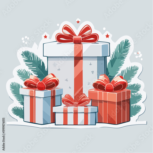 Gift Boxes with Ribbons and Pine Branches