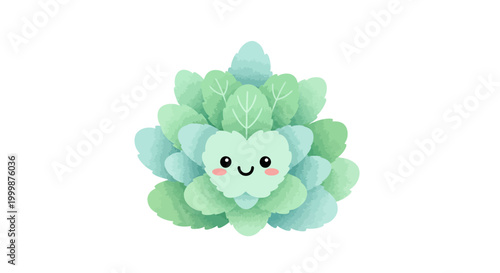 Cute Kawaii Mint Flower Illustration, Happy Plant Character with a Smiling Face, Isolated on White Background
