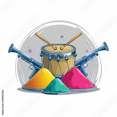 Holi Festival Celebration with Drum, Pichkaris, and Colors