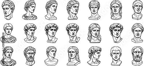 Black and White Line Art of Ancient Greek Busts, Classical Sculpture Collection