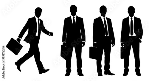 Silhouettes of professional businessmen in suits holding briefcases standing and walking in corporate scene