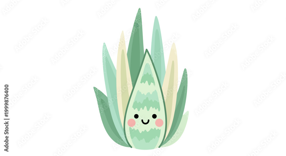 Fototapeta premium Whimsical cartoon flower illustration of a smiling succulent plant, a delightful green botanical character perfect for children's designs and cheerful garden projects