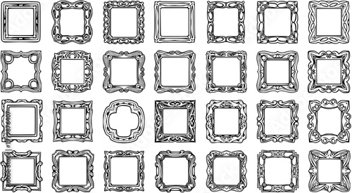 Vintage Hand-drawn Black and White Line Art Ornate Picture Frames and Decorative Borders Collection. Design Elements for Art  Decor Niche.