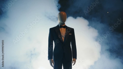Mannequin in a tuxedo standing in a smoky, atmospheric environment, dramatic lighting, formal wear concept