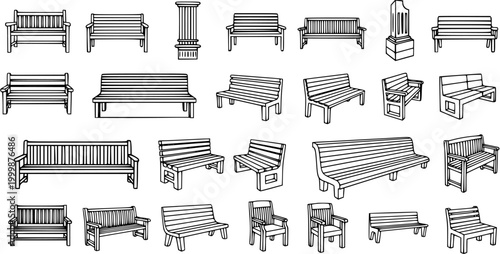 Outdoor Benches Line Art Vector Set. Black and White Outline Illustrations of Park, Garden, and Street Seating Furniture for Public Spaces and Urban Design.