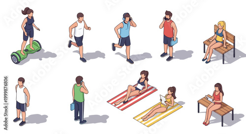 Isometric collection of diverse people in casual and athletic clothing performing various leisure and park activities.