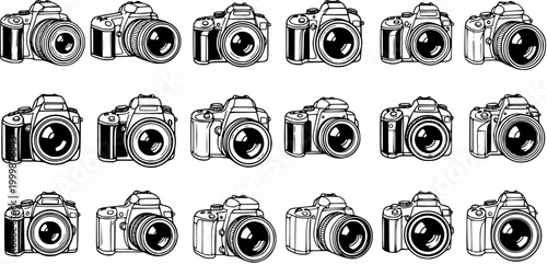 Black and White Line Art Digital Cameras Vector Collection. Outline Icons of Modern DSLR Photo Equipment for Photography, Media, and Technology Designs.