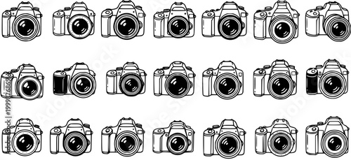 Black and White Line Art DSLR Cameras - Technology and Photography Vector Icons