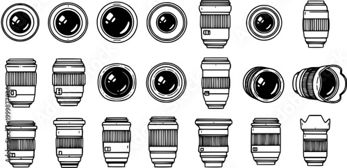 Black and White Line Art Icons of Camera Lenses, Photography Equipment