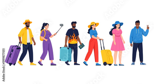 Group of diverse tourists with luggage and travel accessories.