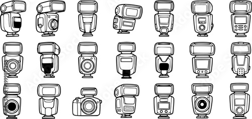 Black and White Line Art Collection of Camera Flashes and Strobes, Technology Vector Icons