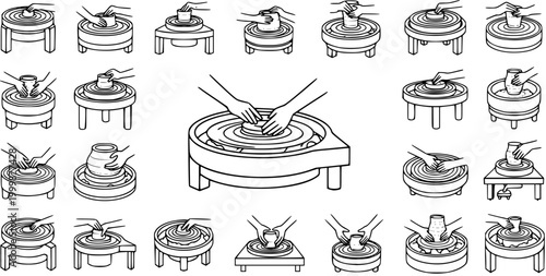 Pottery Making Process Line Art Icons Set. Black and White Vector Illustrations of Hands Shaping Clay on Potter's Wheel for Ceramic Craft Workshop.
