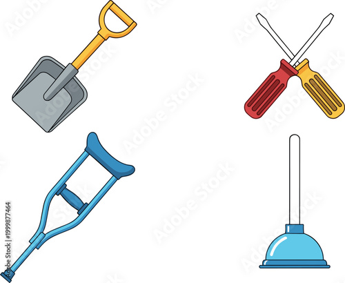 Household and repair tools set with shovel, screwdrivers, crutch, and plunger illustrating utility equipment and maintenance vector illustration
