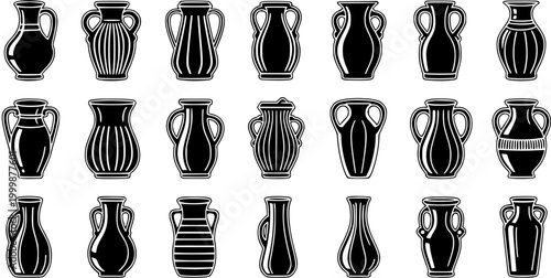 Black and White Vector Icons of Ancient Greek Ceramic Vases and Pottery, Classic Art Style