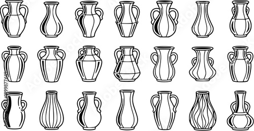 Black and White Line Art of Various Pottery Vases, Decorative Ceramic Pots, Vector Collection