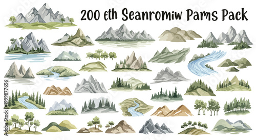 Watercolor mountain landscape elements, 200 hand drawn nature icons pack, rustic forest and river vector set for map making and outdoors design