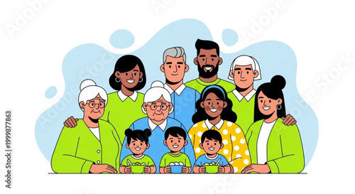 Joyful and diverse multi-generational family portrait, illustrating unity, strong bonds, and happy togetherness across various age groups and backgrounds