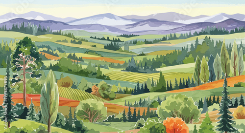 Watercolor landscape illustration of rolling green hills, scenic mountain valley with pine trees, panoramic nature background vector