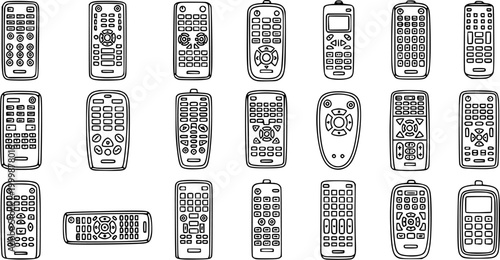 Technology  Entertainment Remote Controls Line Art Set. Black and White Hand-drawn Outline Doodle Collection of Electronic Devices for TV  Media.