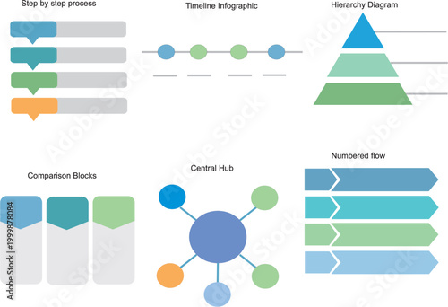 Diverse vector infographic templates for business data visualization, featuring process flows, timelines, hierarchy charts, comparison, and central hubs