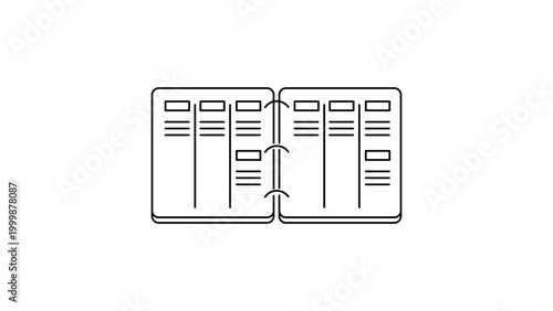 Minimalist black line vector icon of an open weekly planner notebook with rings on a white background. This editable stroke vector illustration represents an organized schedule and agenda.